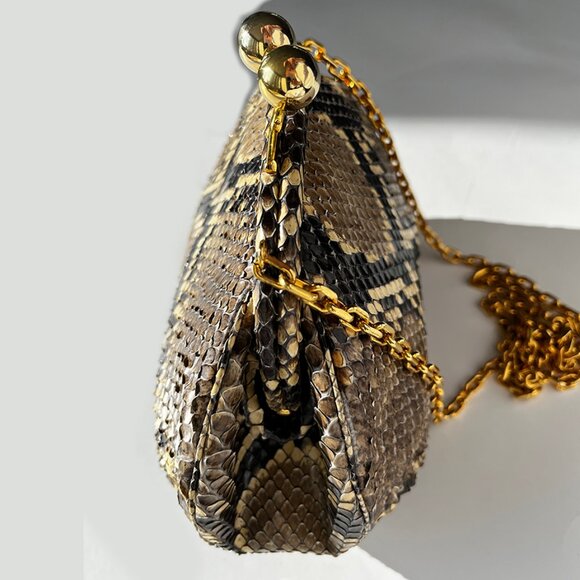 Vintage, Rare Judith Leiber Python Minaudière Bag, Gold Chain, Crossbody - Picture 9 of 15